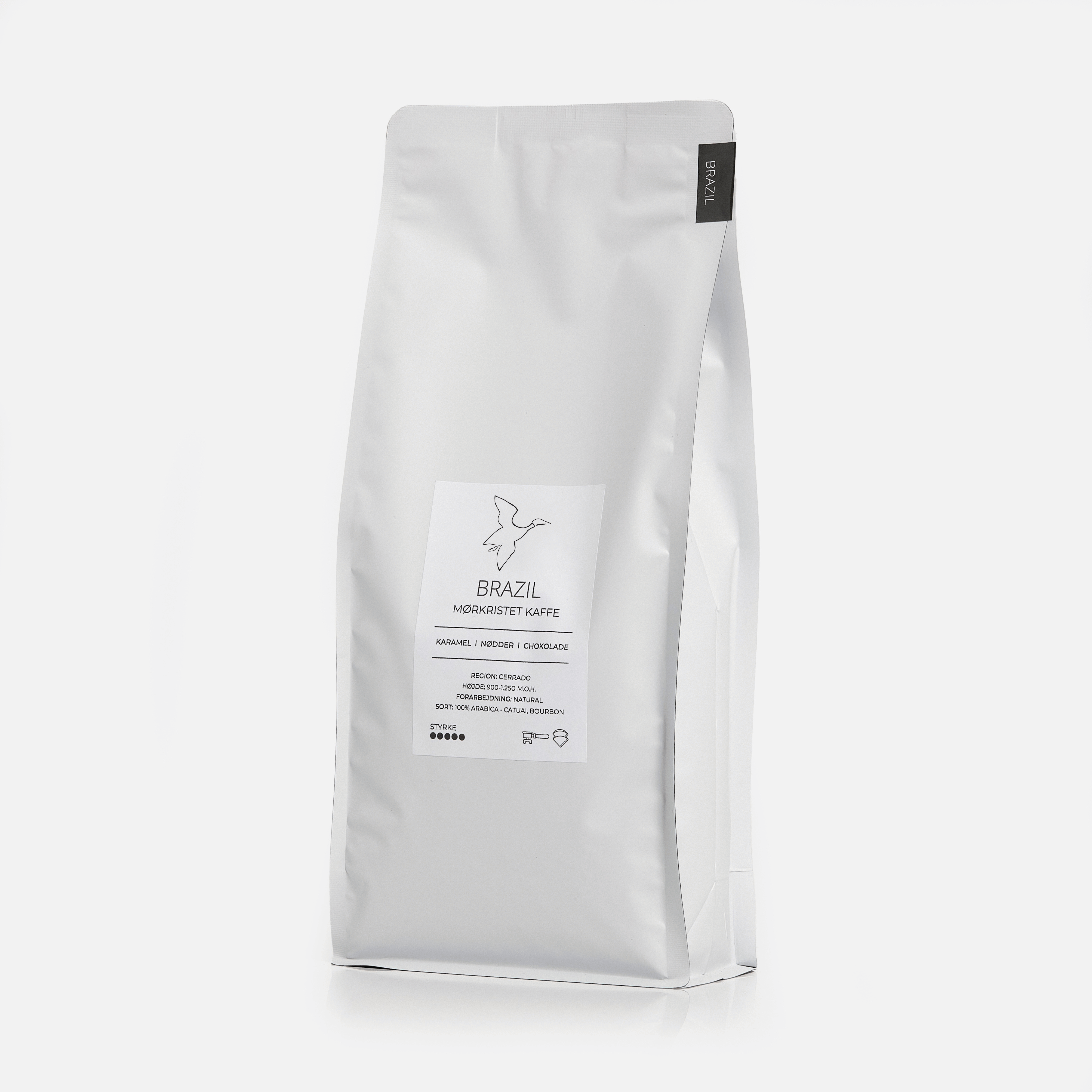 Kaffepose med mørkristet kaffe fra Brasilien med smagsnoter af chokolade og nødder