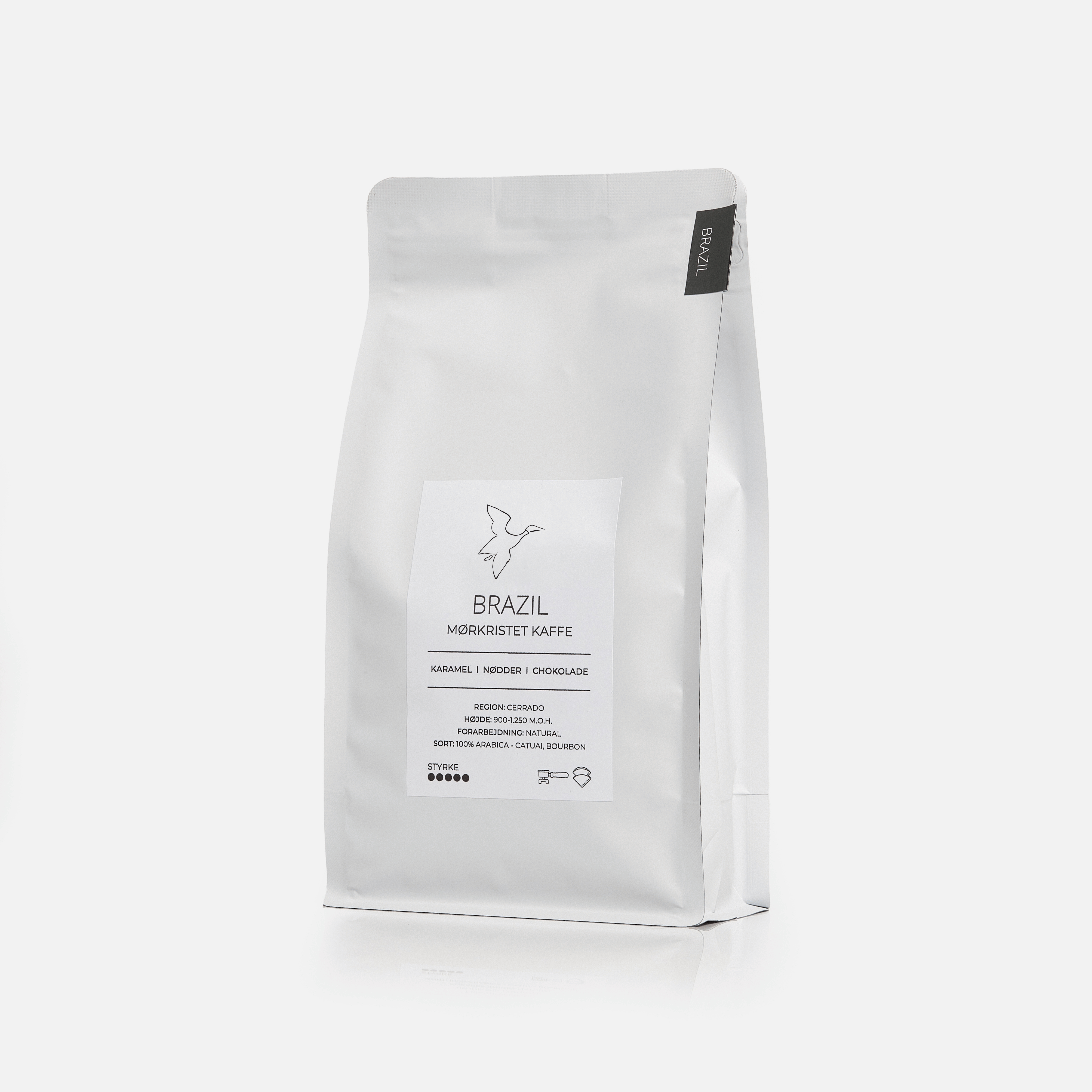Kaffepose med mørkristet kaffe fra Brasilien med noter af chokolade og nødder
