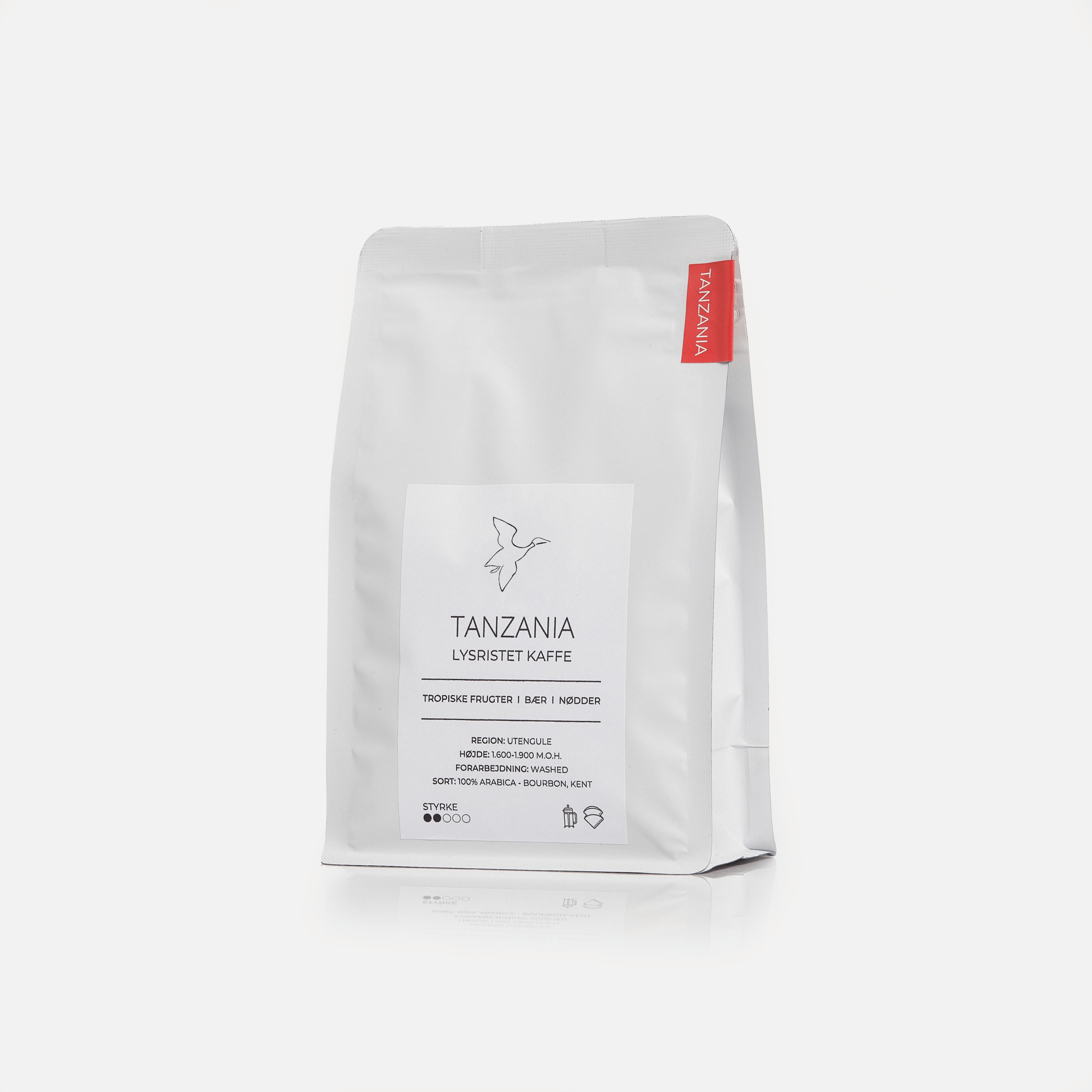Lysristet kaffe fra Tanzania i hvid kaffepose fra GITZ COFFEE med noter af tropiske frugter, bær og nødder