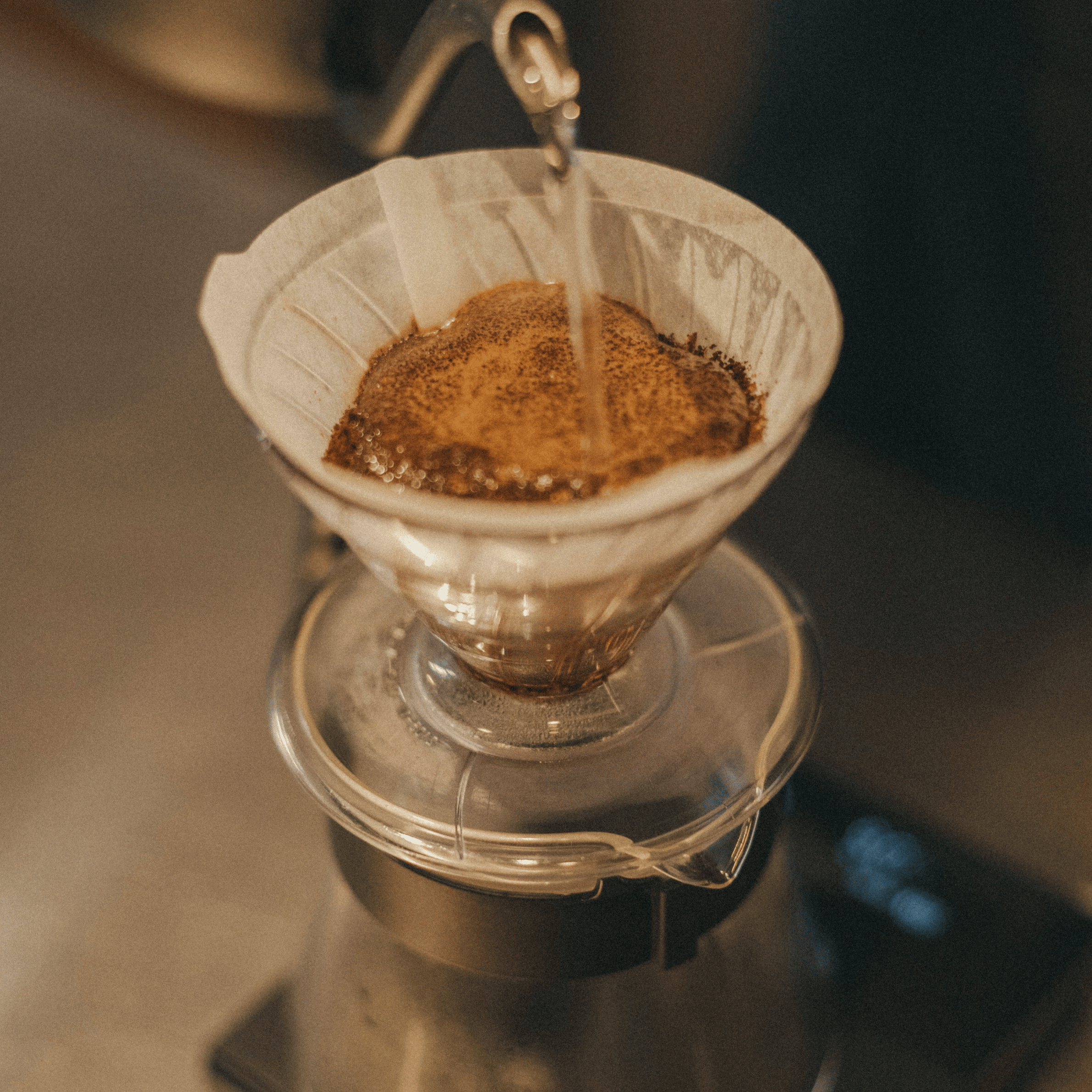 Hario V60 pour over brygning med friskkværnet kaffe og kontrolleret hældning