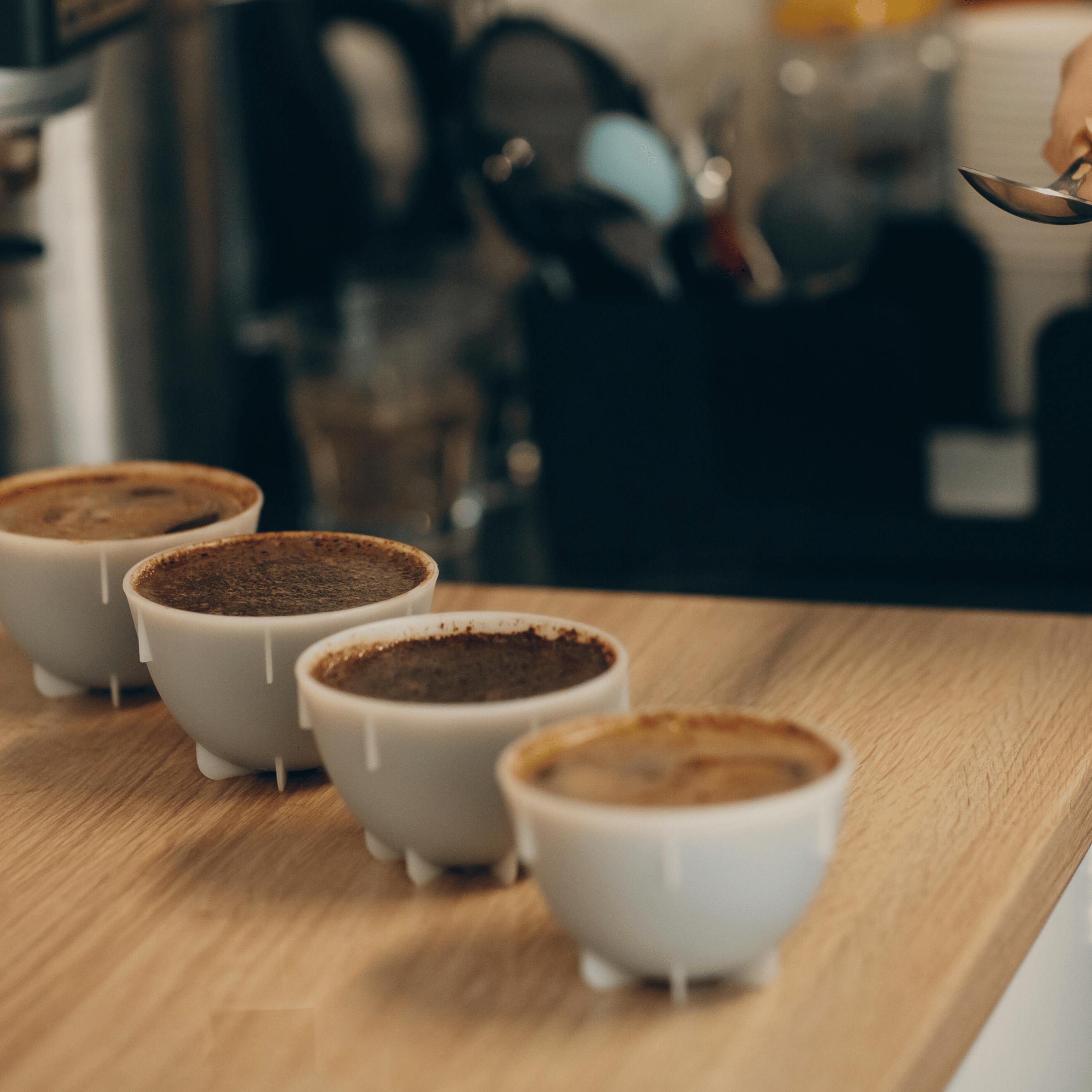 Kaffecupping med smageskema, hvor kaffe vurderes og tildeles cupping score