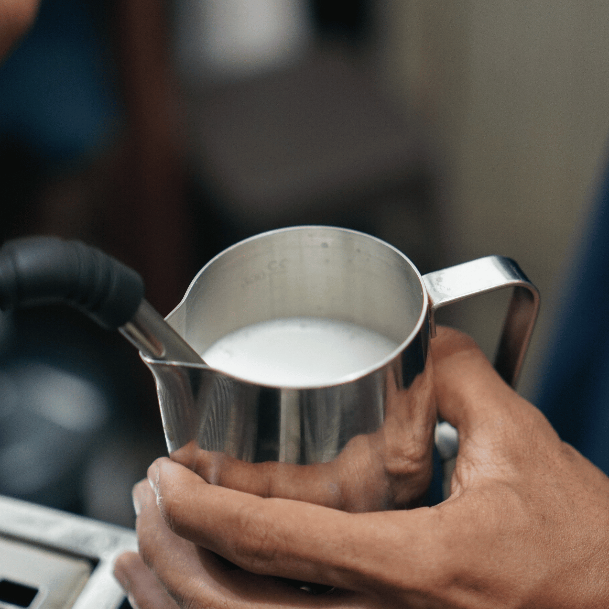 Mælk steames på espressomaskine med dampstav for at skabe silkeblød mikrofoam.