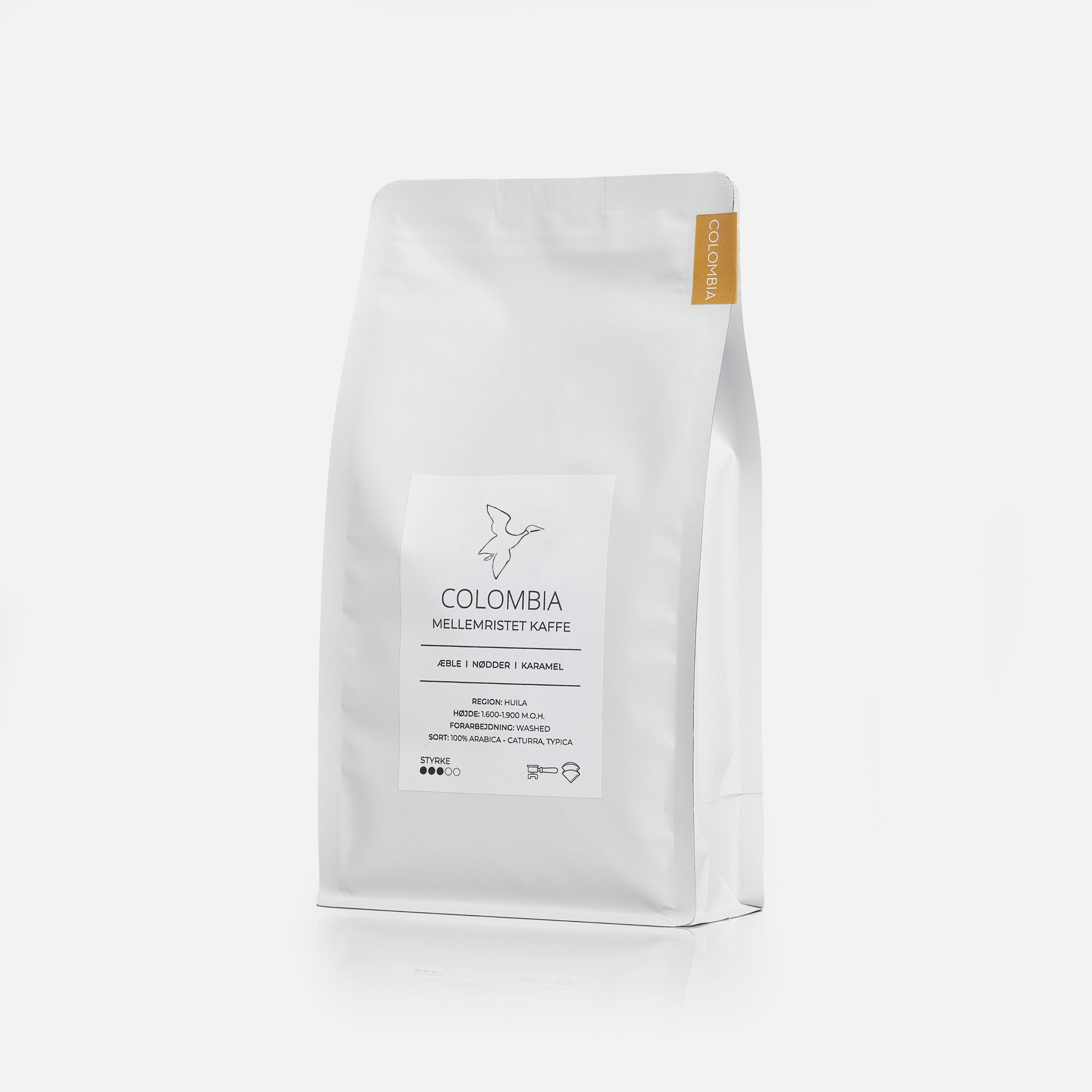Friskristet colombiansk kaffe fra Huila 500g i hvid kaffepose fra GITZ COFFEE med noter af æble, nødder og karamel