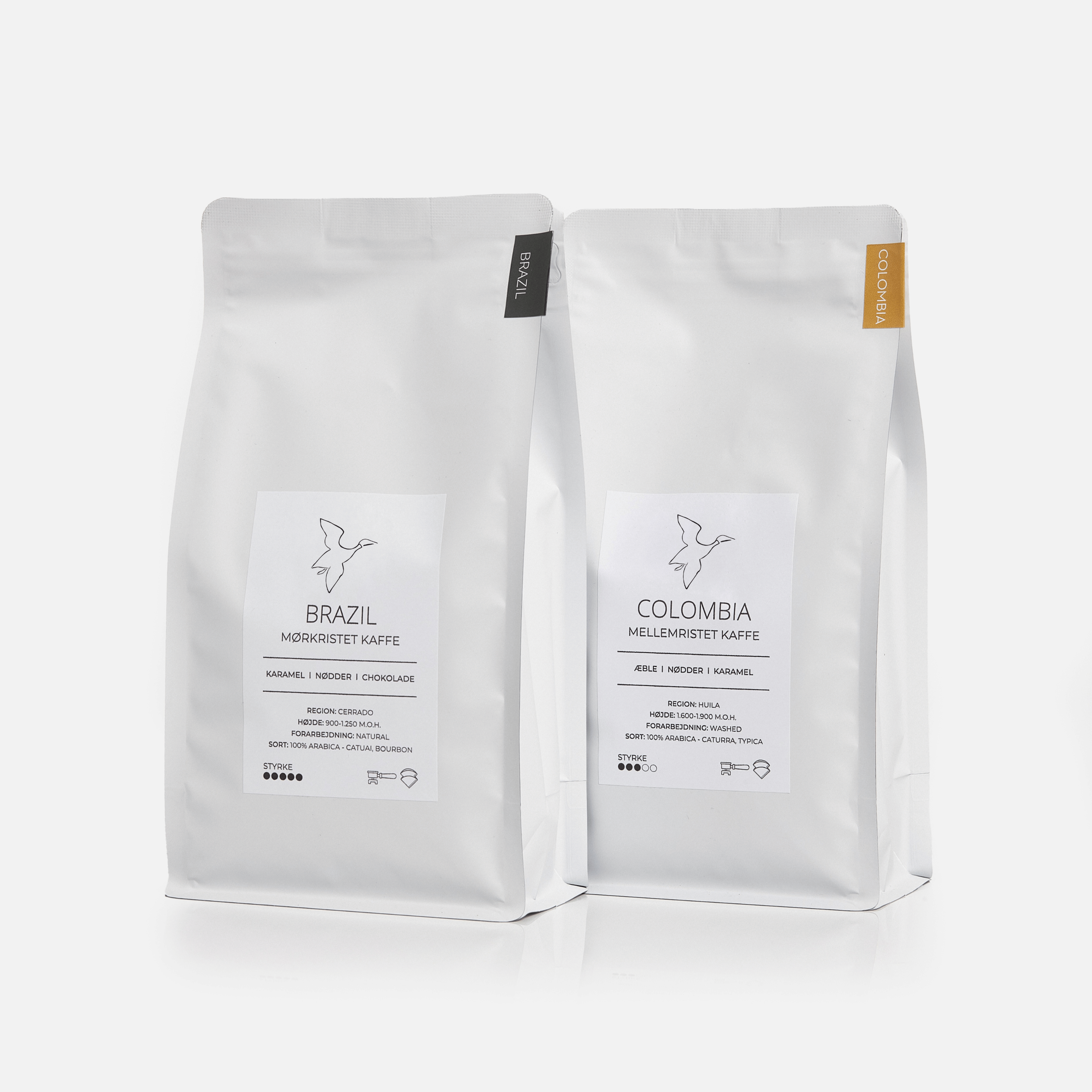 Friskristet espresso kaffepakke 500g fra GITZ COFFEE med Brasilien og Colombia kaffe i hvide poser