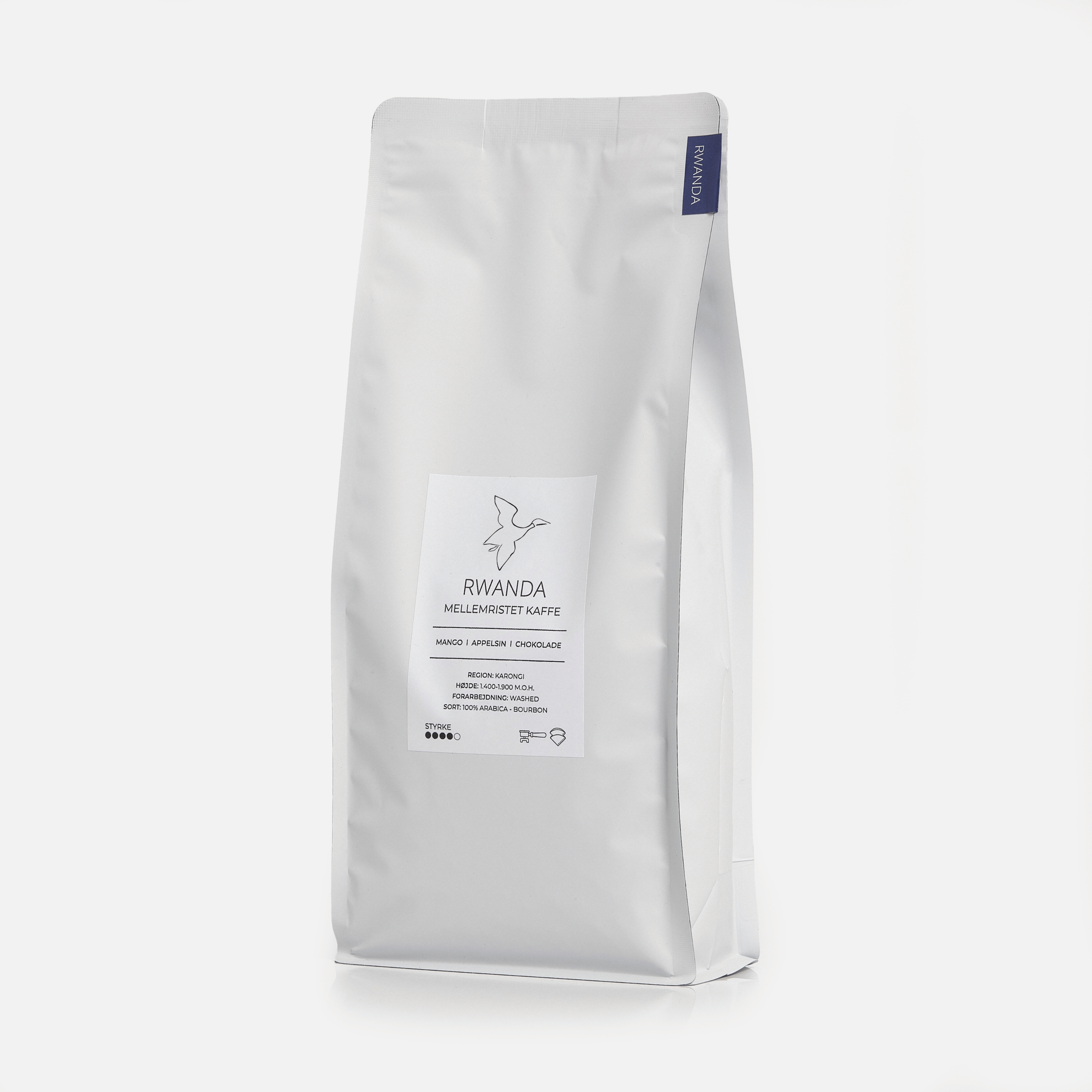 Friskristet Rwanda kaffe fra Karongi 1000g i hvid kaffepose fra GITZ COFFEE med noter af mango, appelsin og chokolade