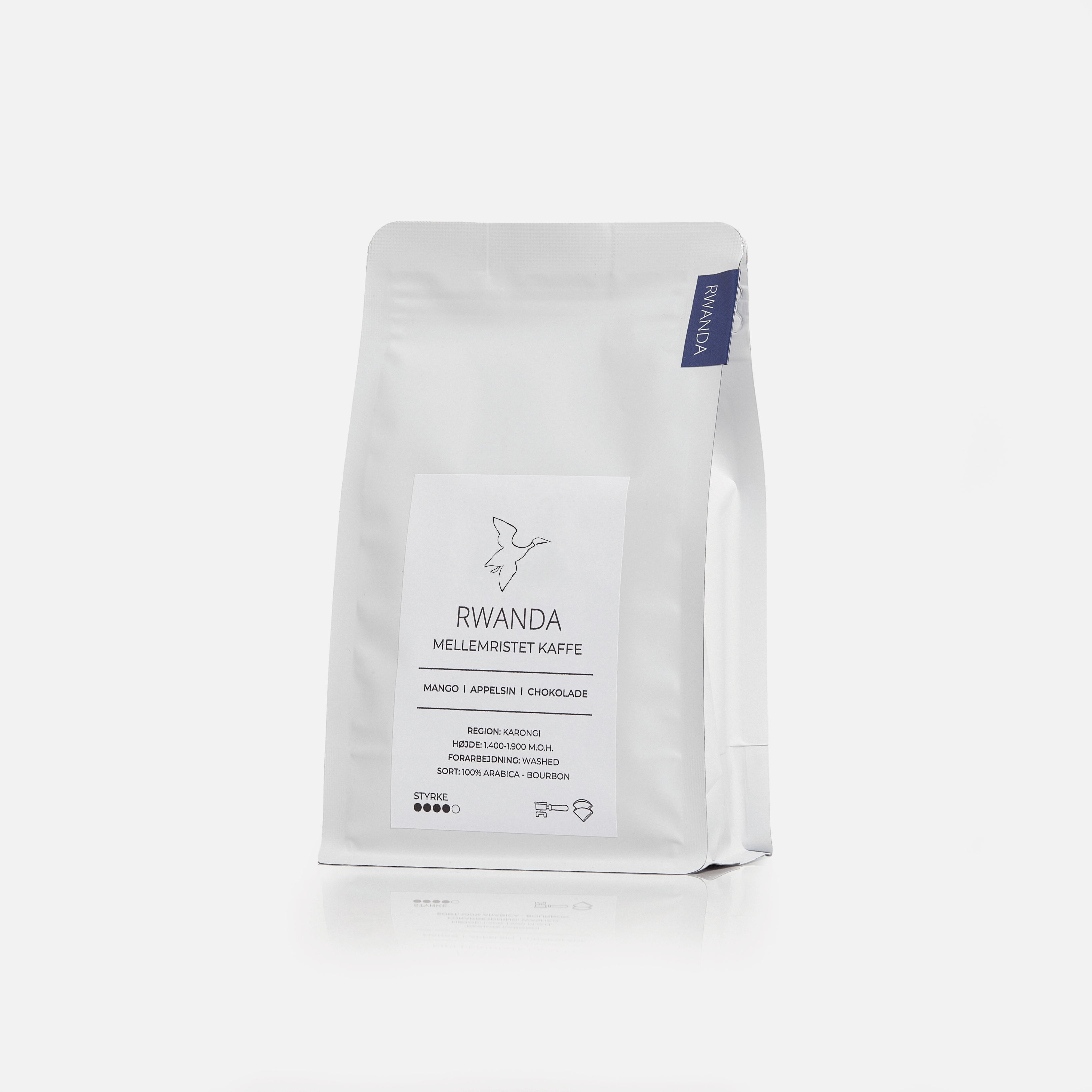 Friskristet Rwanda kaffe fra Karongi 250g i hvid kaffepose fra GITZ COFFEE med noter af mango, appelsin og chokolade