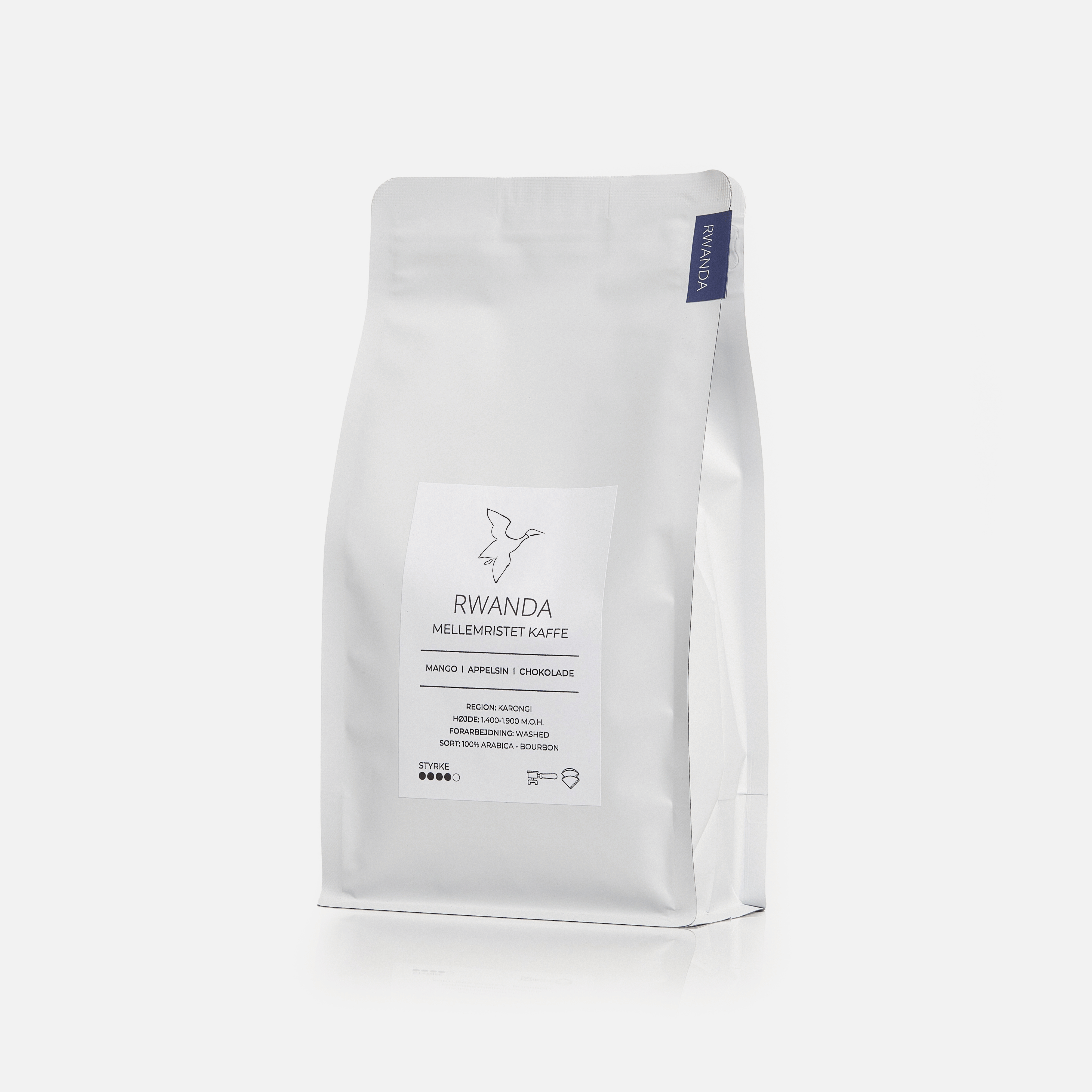 Friskristet Rwanda kaffe fra Karongi 500g i hvid kaffepose fra GITZ COFFEE med noter af mango, appelsin og chokolade