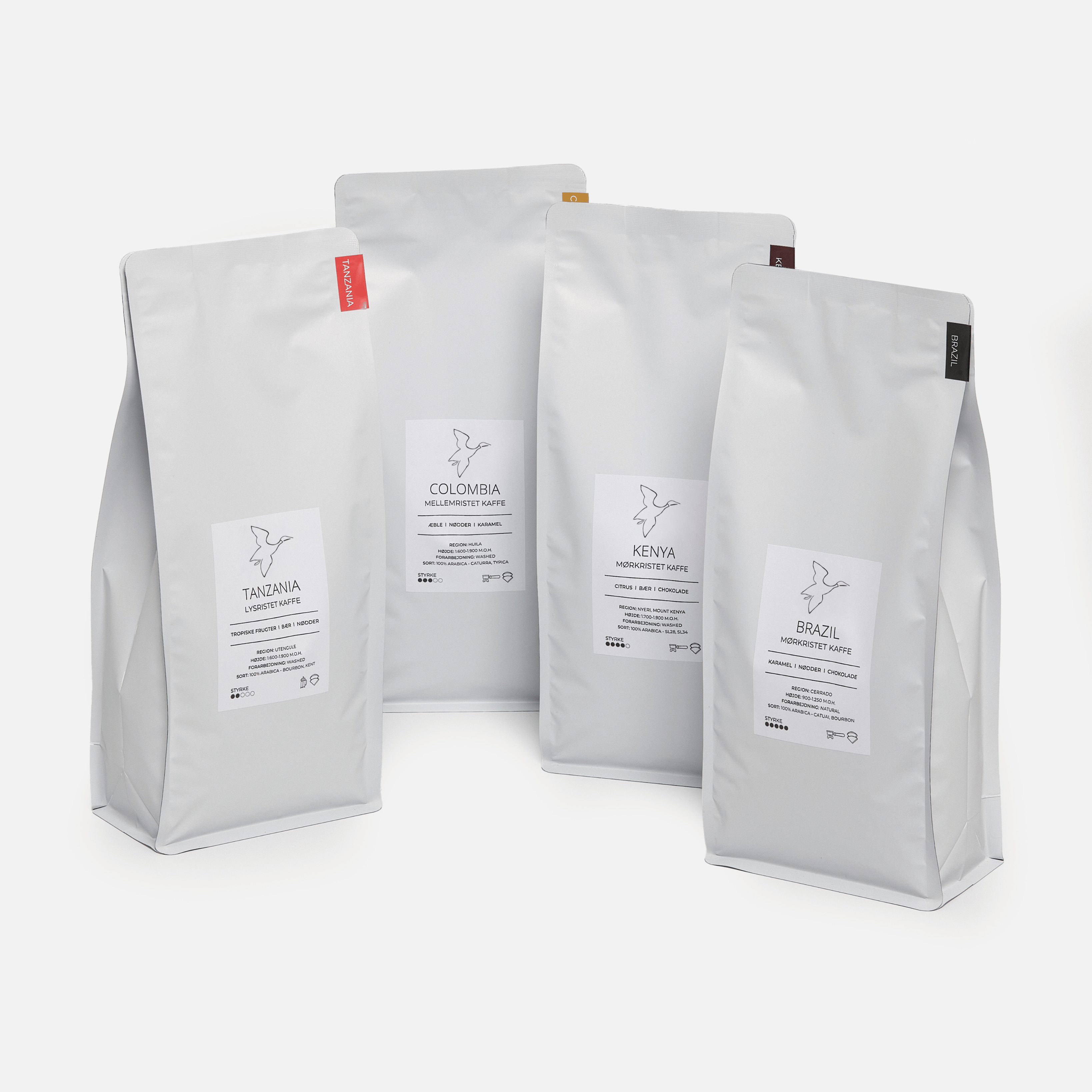 Friskristet kaffe smagspakke 4 x 1000g med Tanzania, Colombia, Kenya og Brasilien fra kafferisteri