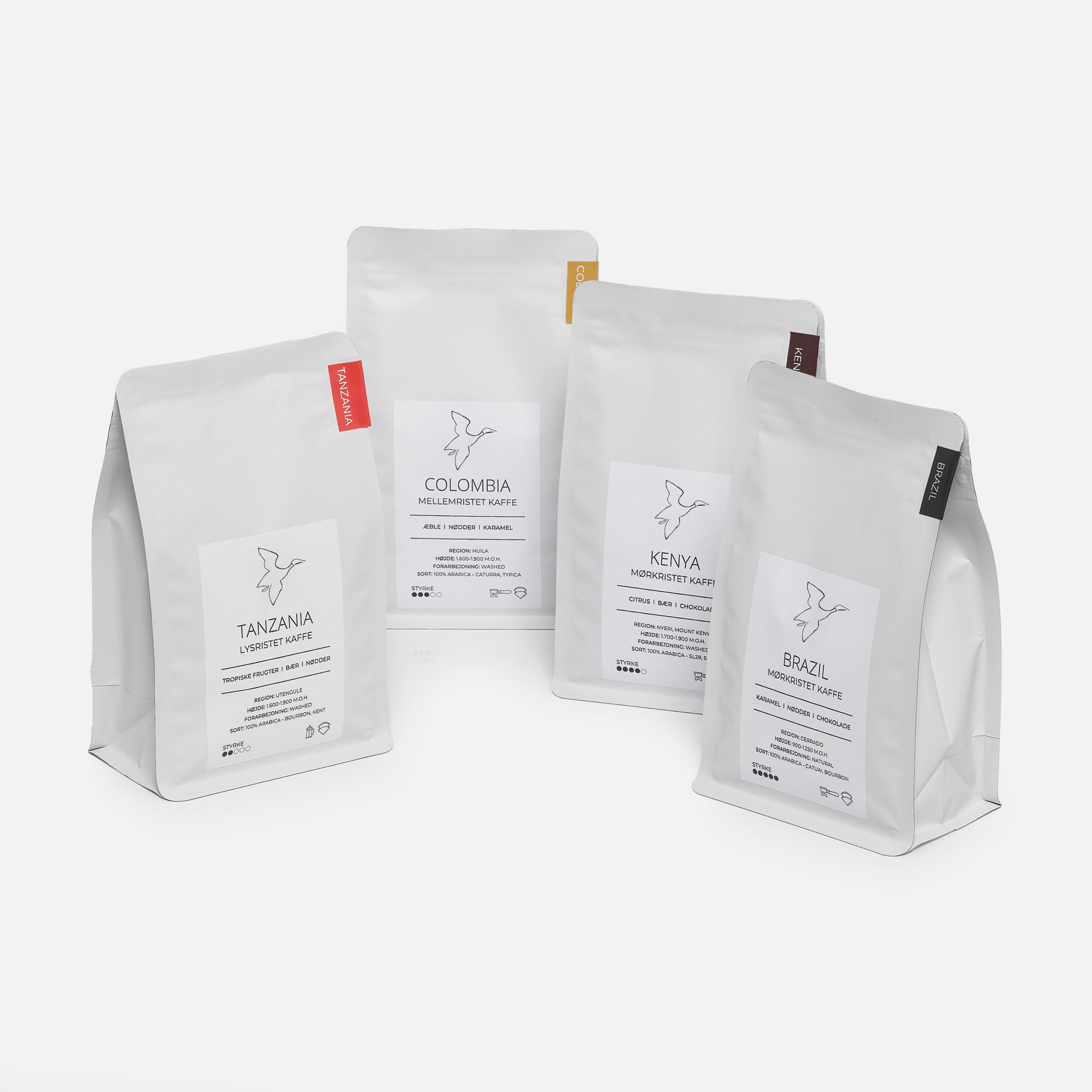 Friskristet kaffe smagspakke 250g med Tanzania, Colombia, Kenya og Brasilien fra kafferisteri