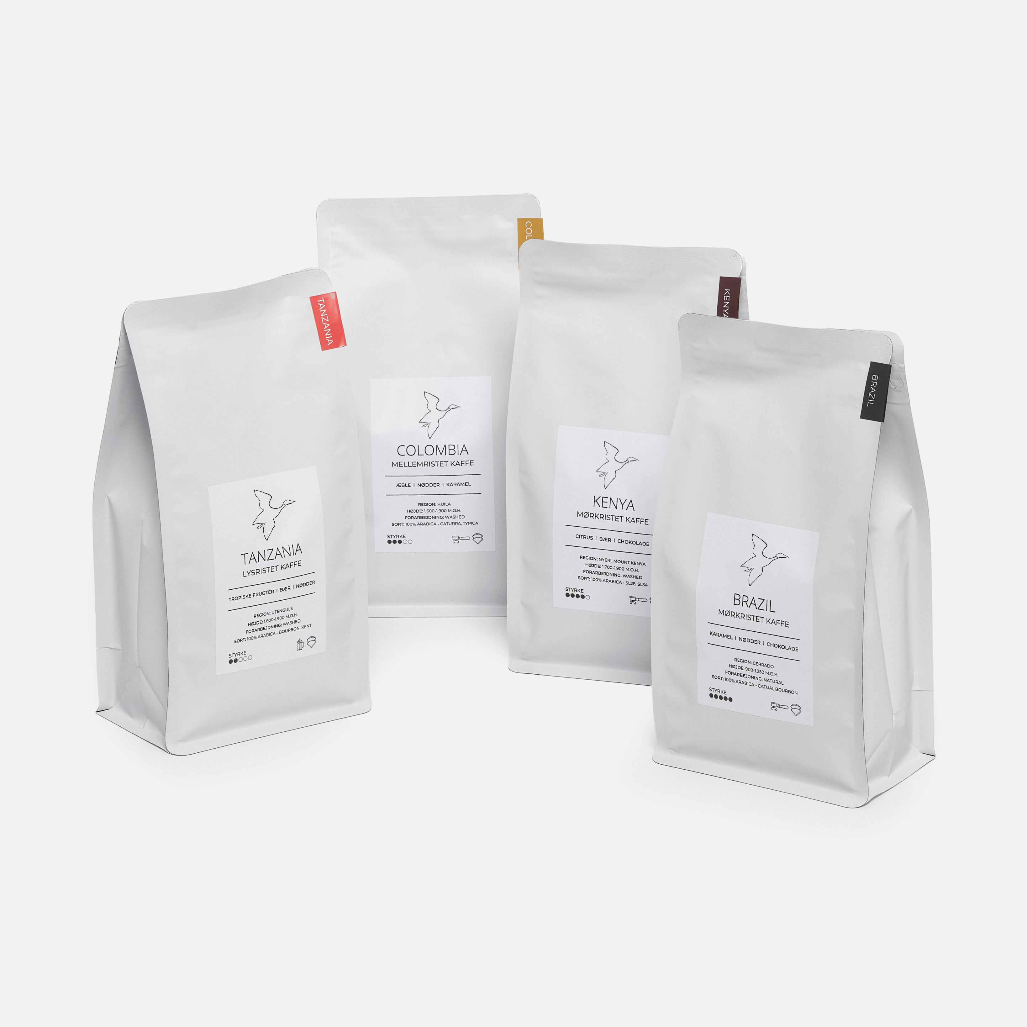 Friskristet kaffe smagspakke 500g med Brasilien, Colombia, Kenya og Tanzania kaffebønner fra kafferisteri
