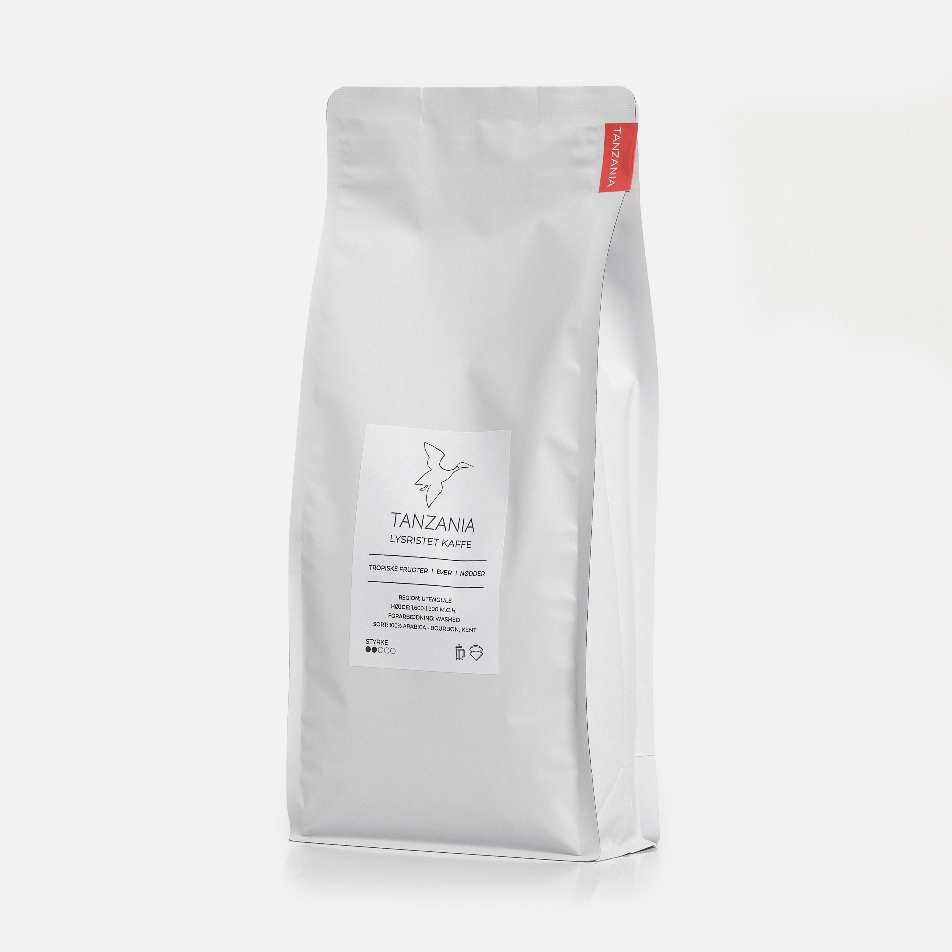 Friskristet lysristet Tanzania kaffe 1000g i hvid kaffepose fra GITZ COFFEE med noter af tropiske frugter, bær og nødder