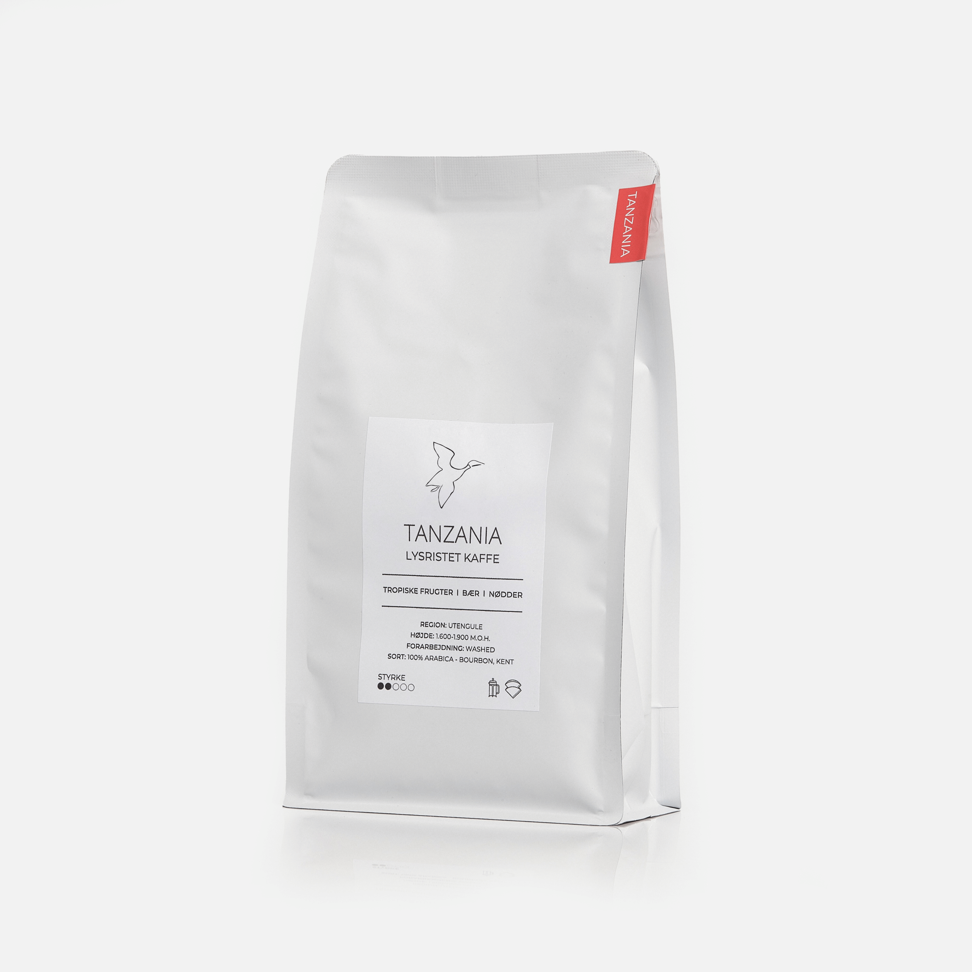 Friskristet lysristet Tanzania kaffe 500g i hvid kaffepose fra GITZ COFFEE med noter af tropiske frugter, bær og nødder